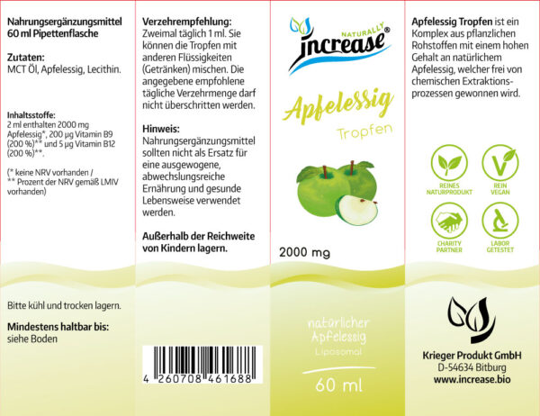 Liposomale Apfelessig Tropfen hochdosiert - (60.000mg Apfelessig pro Packung) 2000mg Apfelessig pro Tagesdosis mit Vitamin B9 und Vitamin B12 - MCT Öl - Hohe Bioverfügbarkeit – Bild 2