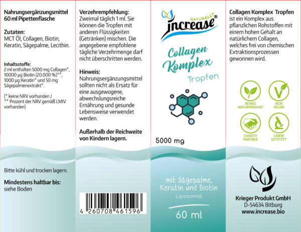 Liposomale Collagen Tropfen hochdosiert - (150.000mg Collagen pro Packung) 5000mg Collagen pro Tagesdosis mit 10.000µg Biotin, 1000µg Keratin und 50mg Sägepalmenextrakt - MCT Öl -Hohe Bioverfügbarkeit Marke: INCREASE – Bild 2