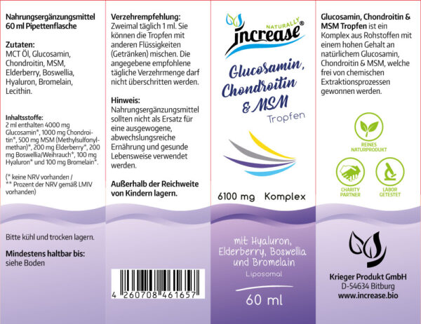 Nimm 3, zahl 2 Aktion Liposomale Glucosamin, Chondroitin & MSM Tropfen hochdosiert - 1525mg pro Tag (137.250mg in 3 Flaschen) mit Hyaluron Elderberry, Boswellia (Weihrauch) und Bromelain - Keto MCT Öl – Bild 3
